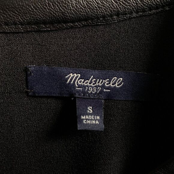 Madewell Leather Trim Blouse Women S Black High Low Hem Short Sleeve Keyhole - Picture 12 of 13
